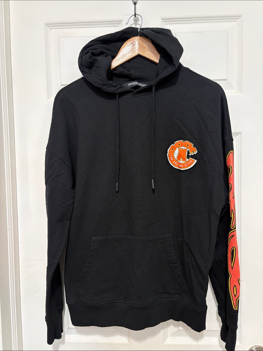 Crooks and Castles Black Hoodie with Flames on Arms and Full Back Hit
